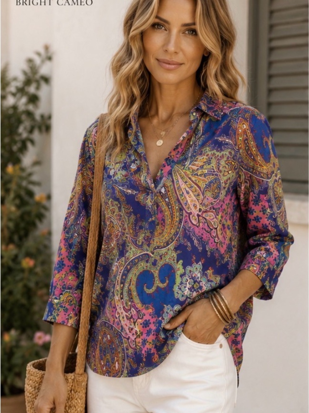 Hinson Wu Aileen Bright Cameo Paisley Shirt Size 4 Button Back Cotton Stretch